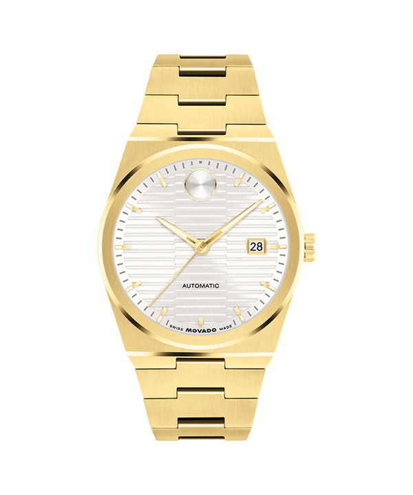 Gold wristwatch with a white face on a white background