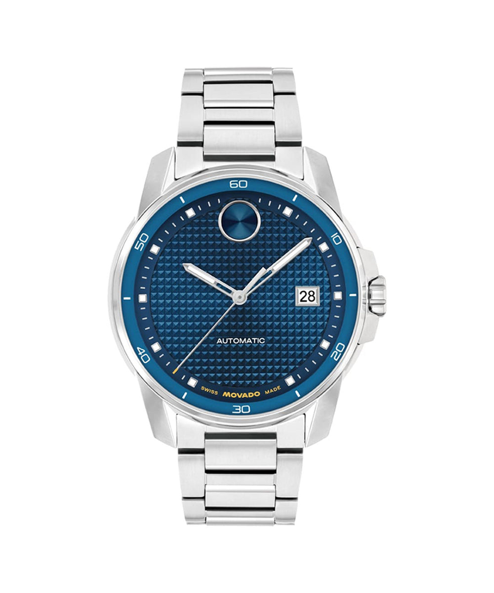 Silver watch with blue dial on a white background