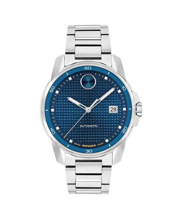 Silver watch with blue dial on a white background