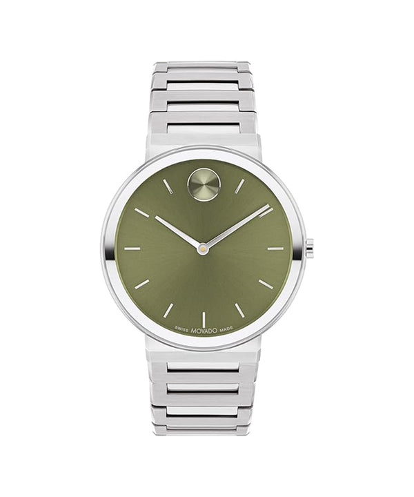 Silver watch with a green face on a white background