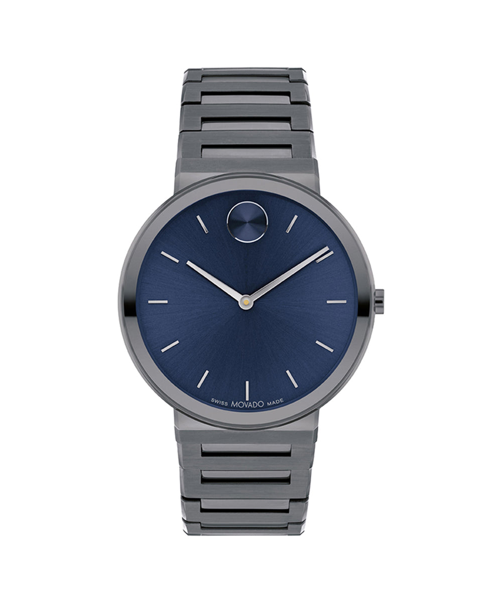 Gray wristwatch with a blue dial on a white background