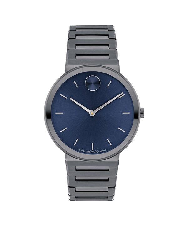 Gray wristwatch with a blue dial on a white background