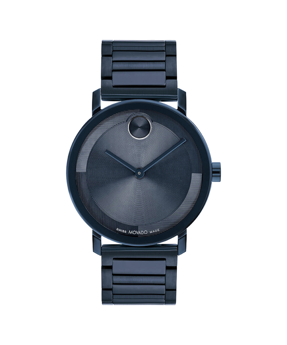 Black wristwatch with a metallic band on a white background