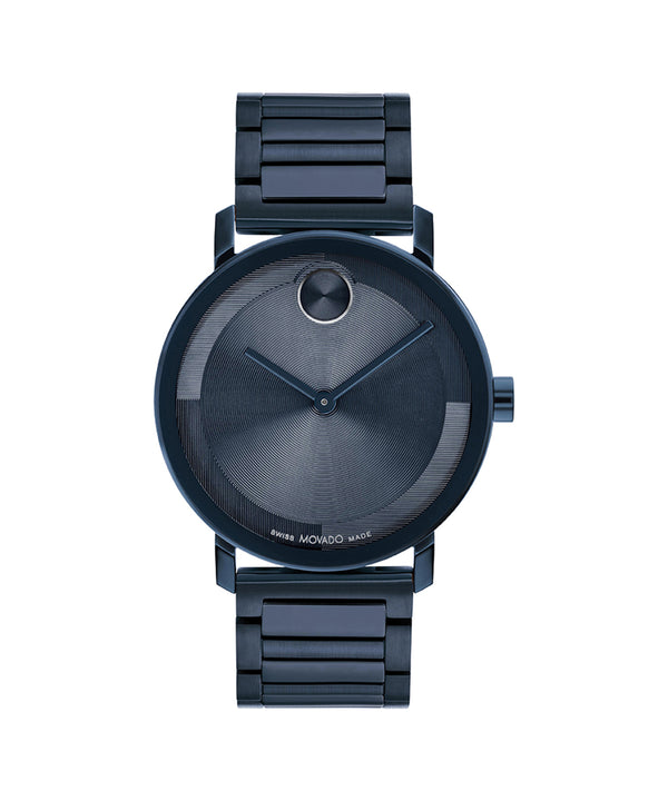 Black wristwatch with a metallic band on a white background