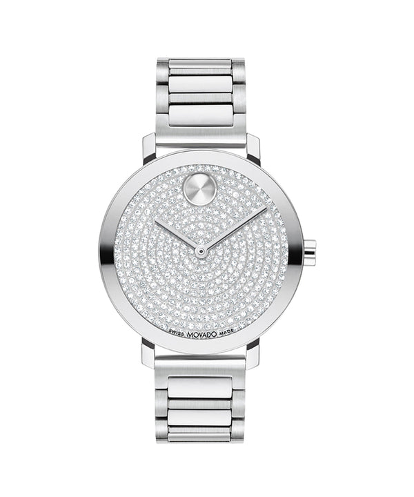 Silver watch with a detailed face on a white background