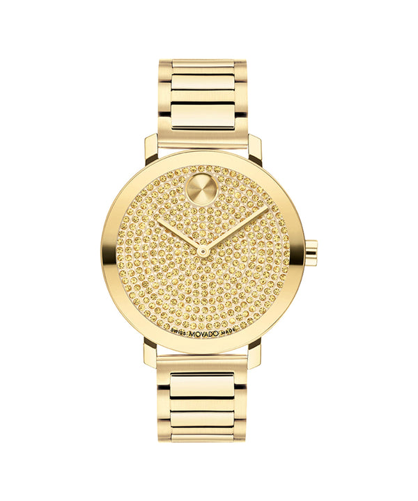 Gold watch with a detailed face on a white background