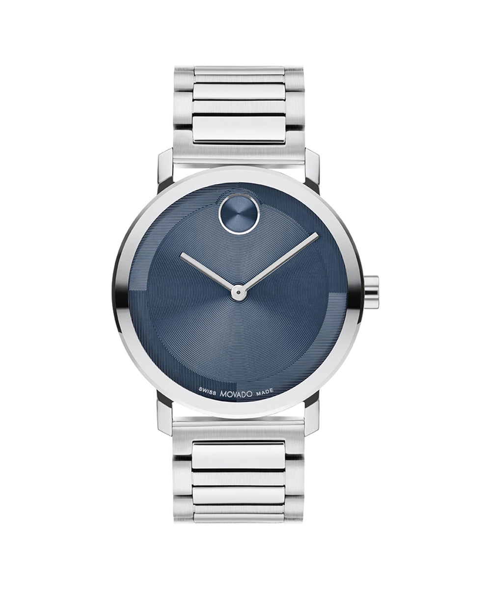 Silver watch with blue face on a white background