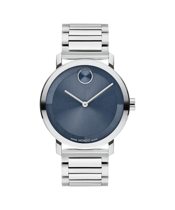 Silver watch with blue face on a white background