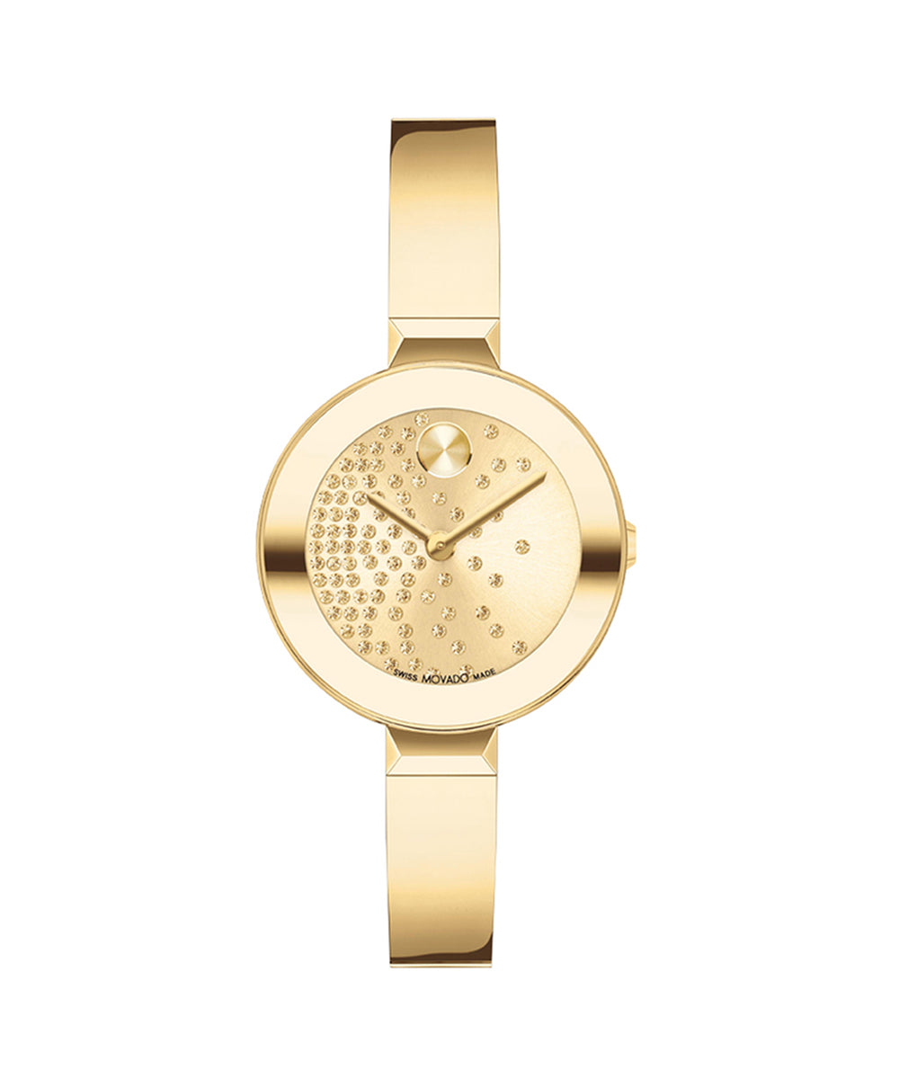 Gold watch with a decorative face on a white background