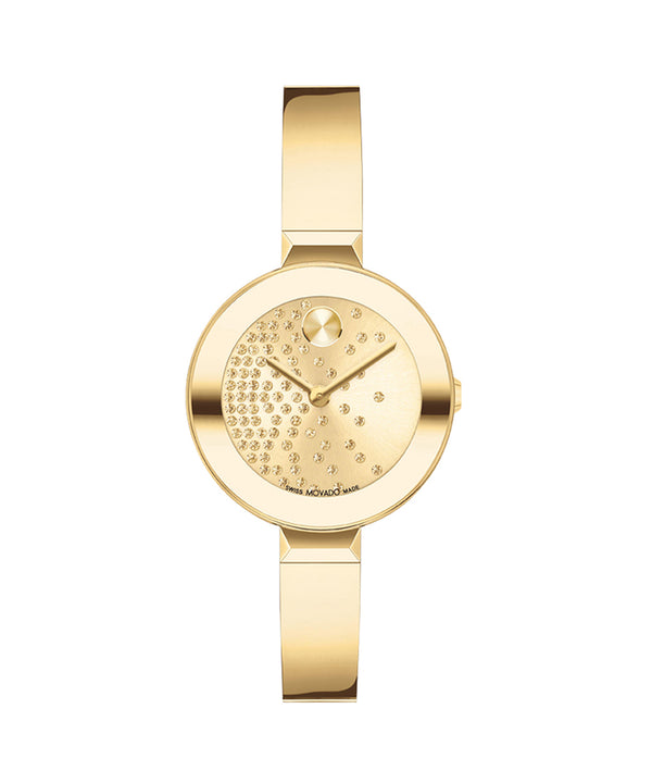 Gold watch with a decorative face on a white background