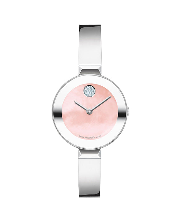 Watch with pink face and silver band on white background