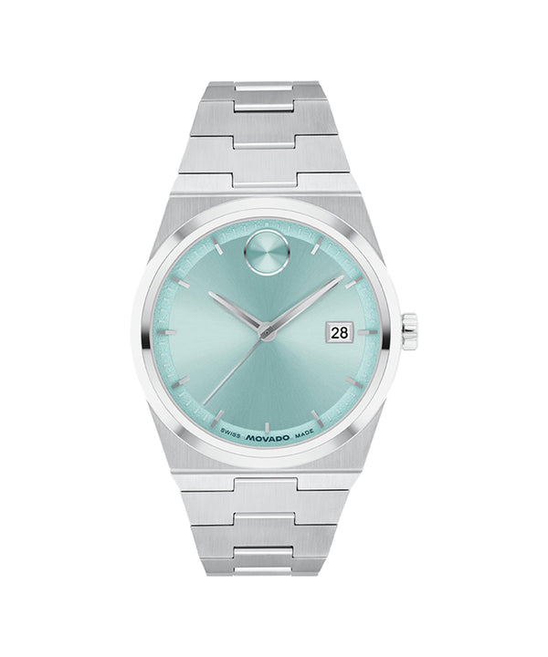 Silver watch with a light blue face on a white background