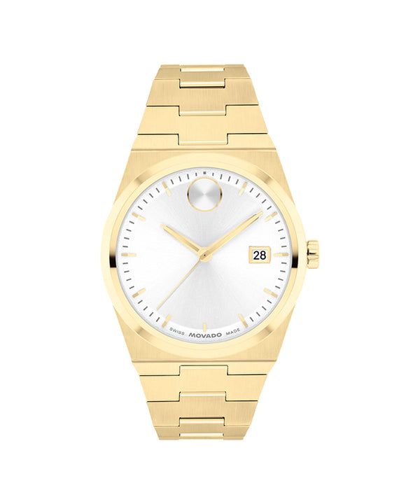 Gold wristwatch with a white face on a white background
