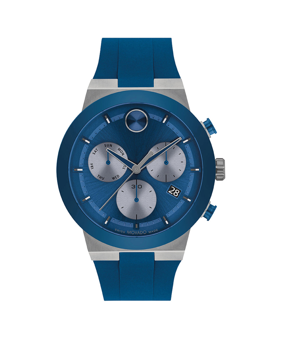 Blue watch with silver accents on a white background