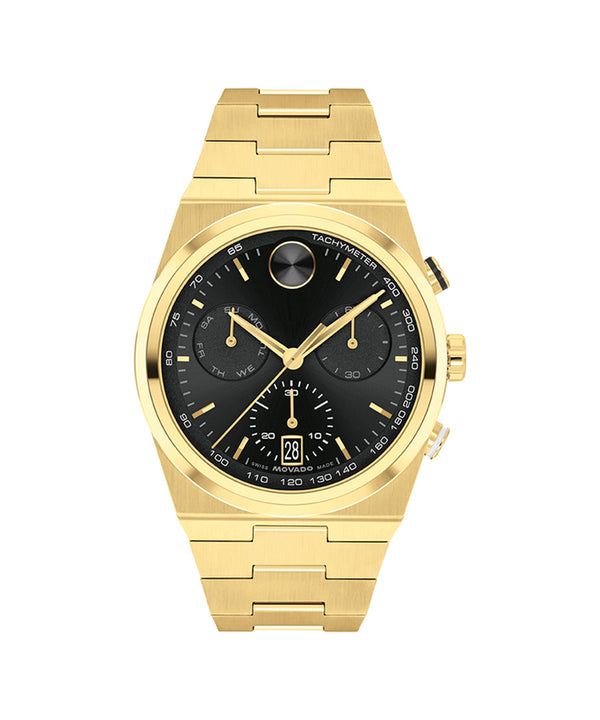 Gold wristwatch with a black dial on a white background