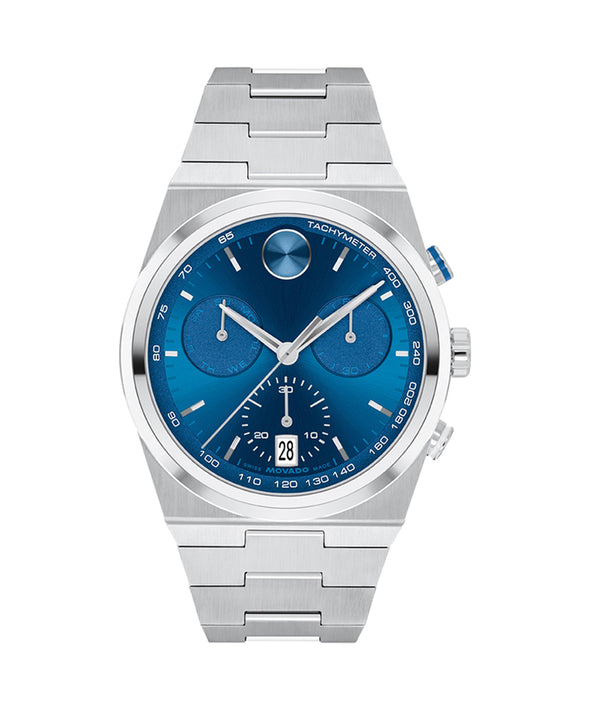 Silver watch with a blue face on a white background