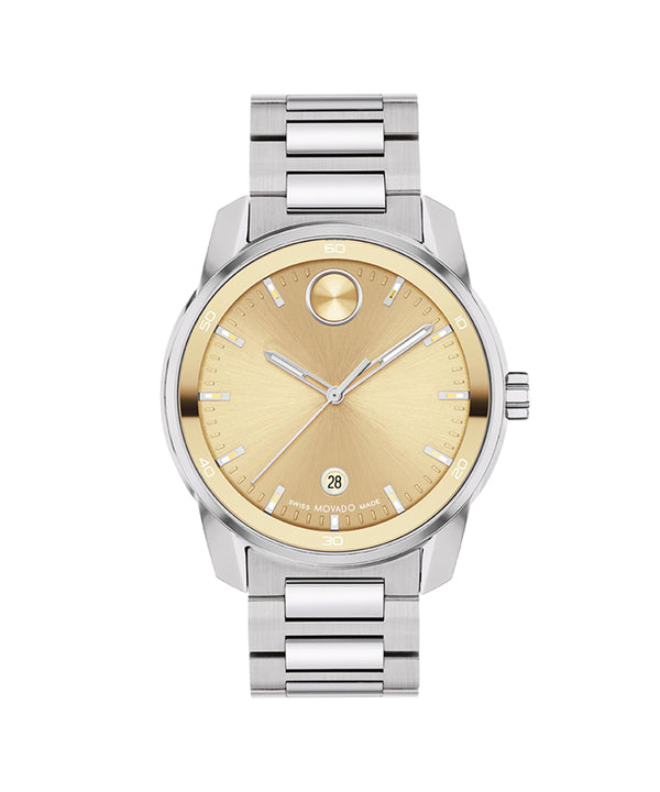 Silver watch with a gold face on a white background