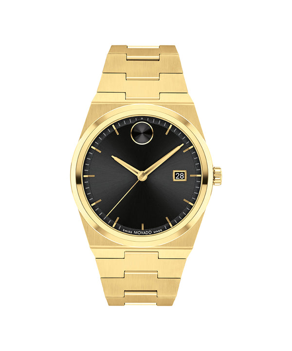 Gold wristwatch with black dial on a white background