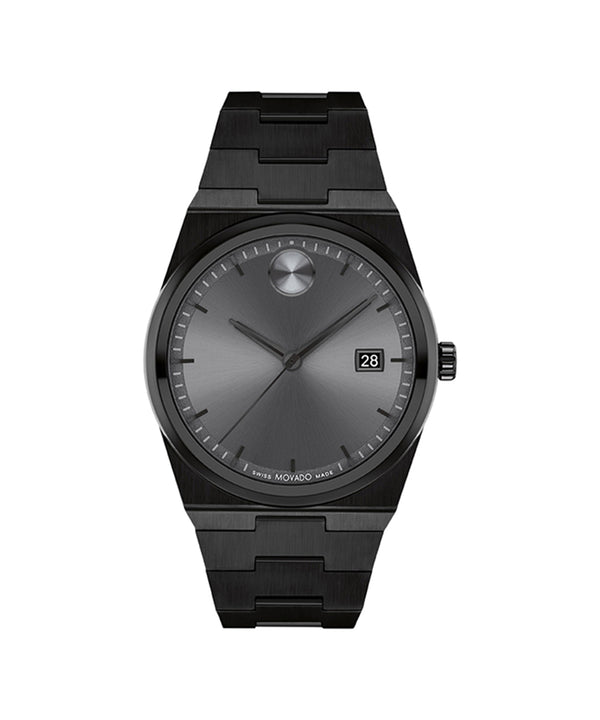 Black wristwatch with a detailed face on a white background