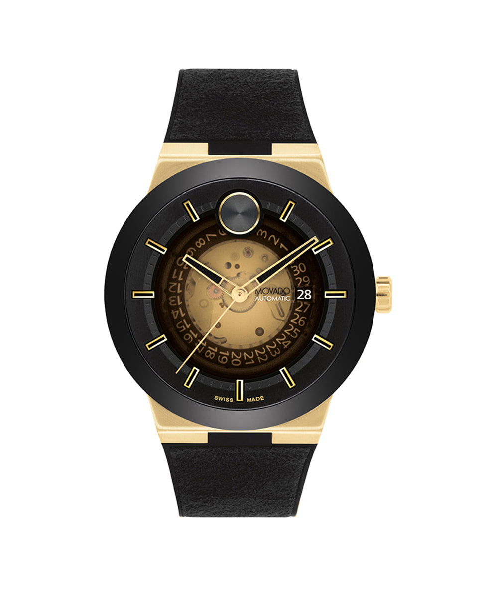 Black and gold watch with a detailed face on a white background