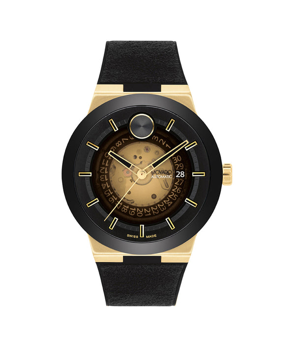 Black and gold watch with a detailed face on a white background