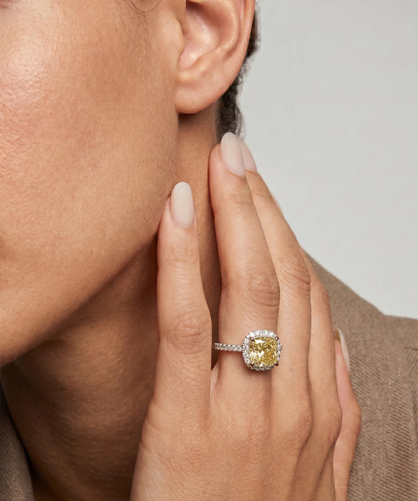 Close-up of a hand wearing a yellow diamond ring with a neutral background