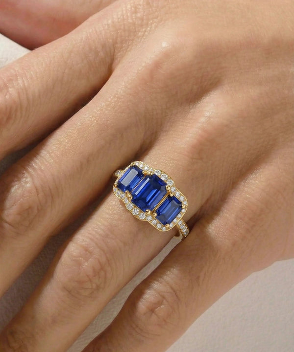 Aanika V. Sapphire & Diamond 3-Stone Halo Ring