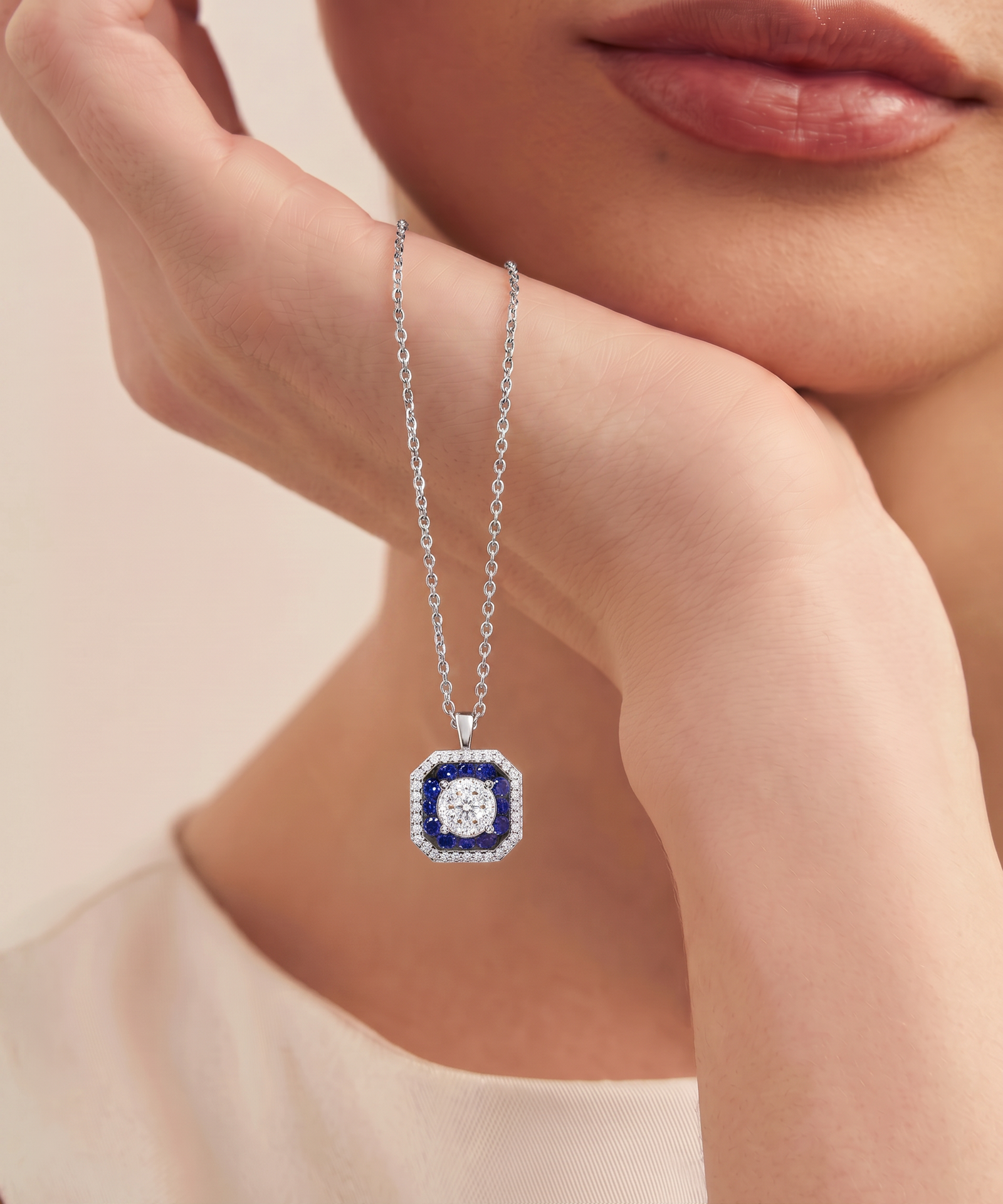 Aanika V. Sapphire & Diamond Round Halo Necklace