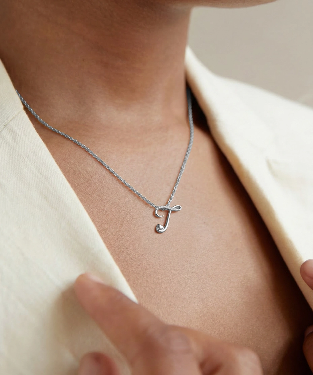 Silver necklace with a letter 'J' pendant worn by a person.