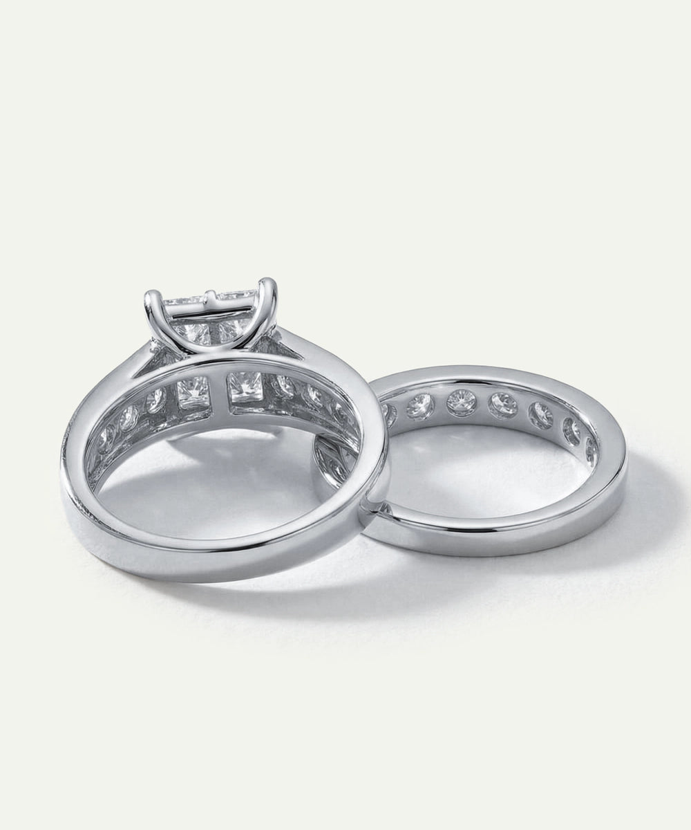 Underside setting view of a white gold princess-cut diamond bridal ring set.