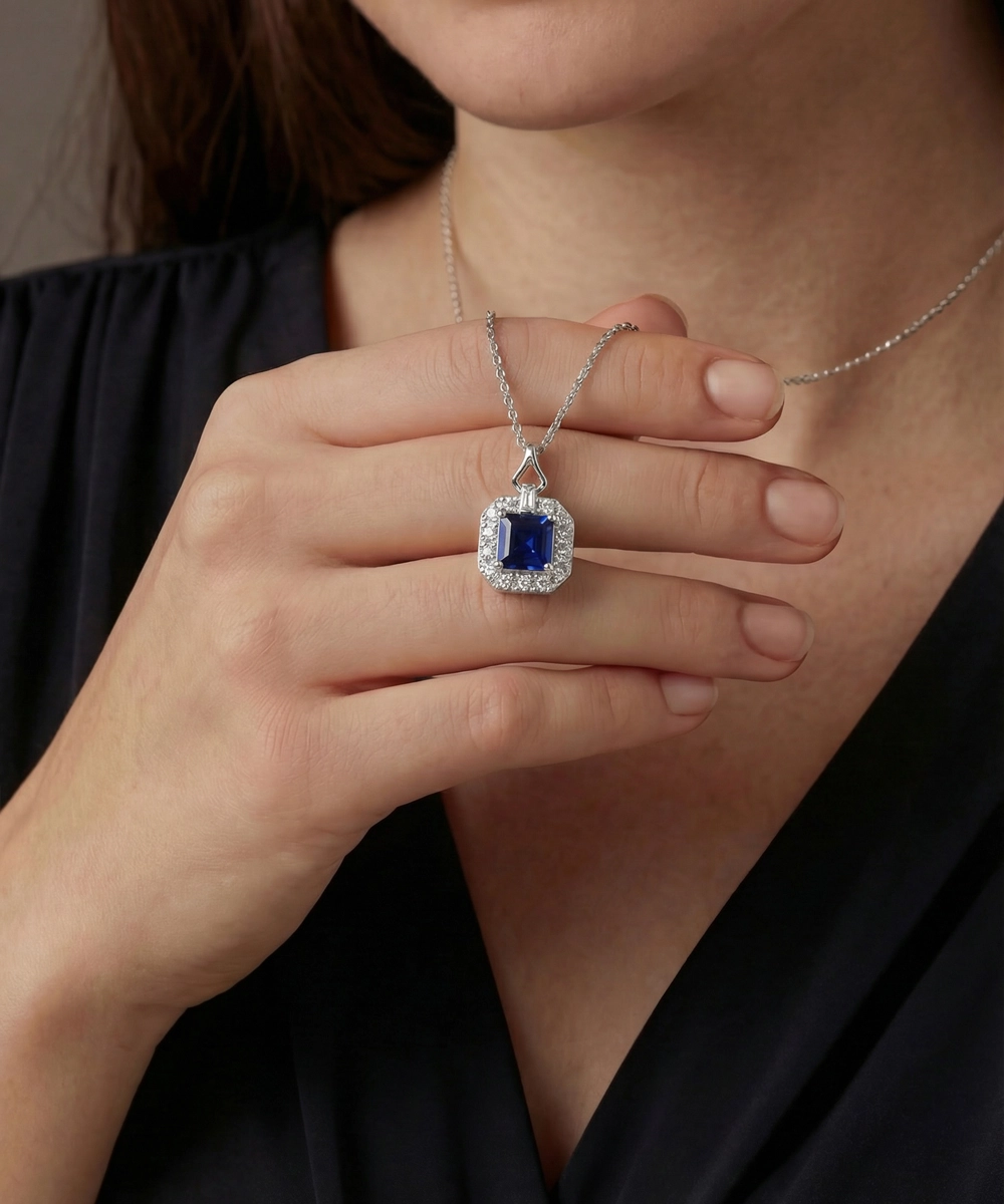 Person wearing a silver necklace with a blue gemstone pendant