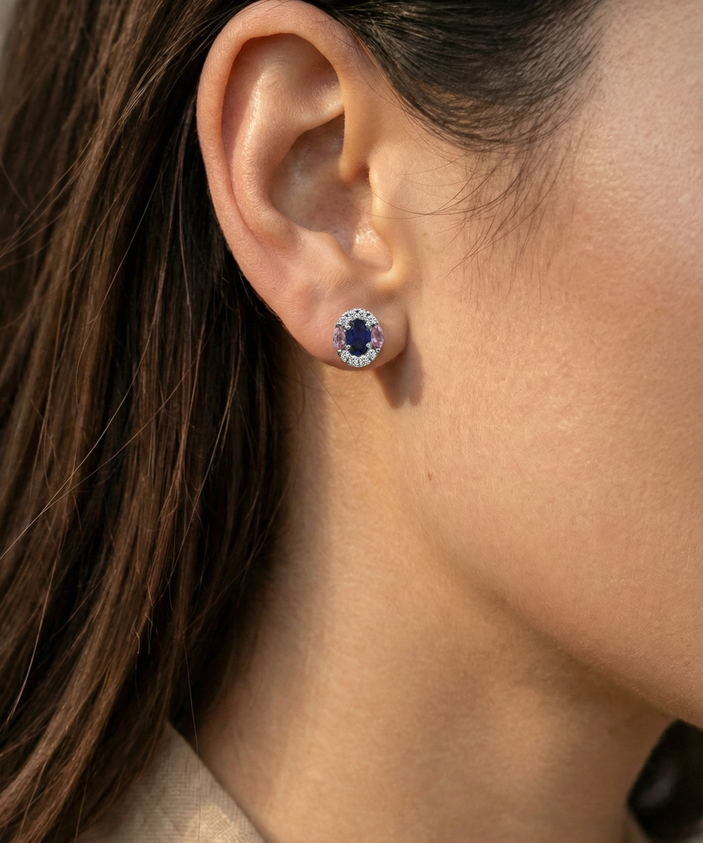 Love Spell® Sapphire Lab-Grown Diamond Halo Earrings in Sterling Silver alternate view