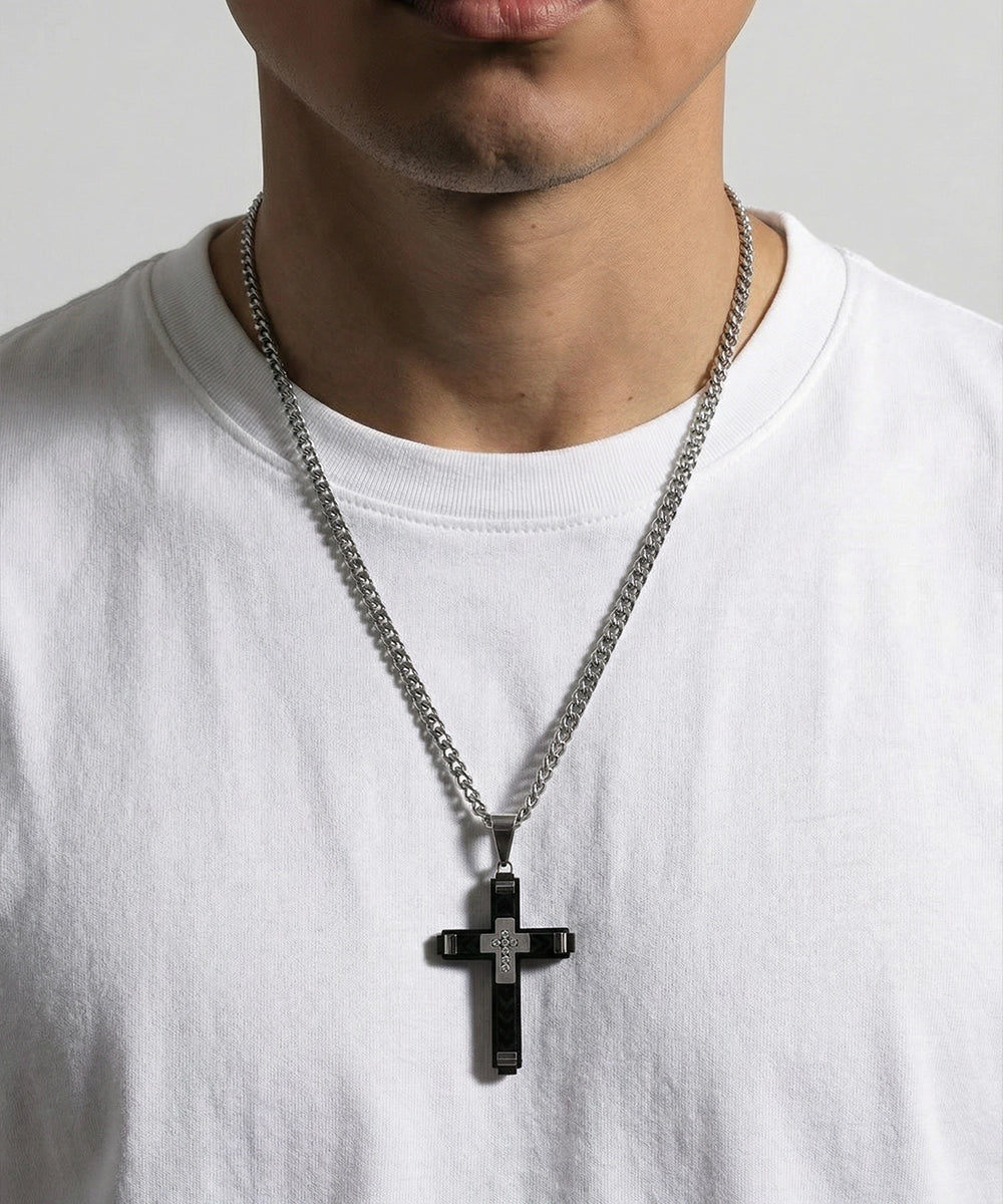 Link N LockÂ® Men's White Cubic Zirconia Stainless Steel Cross Pendant with 24 inch Curb Chain
