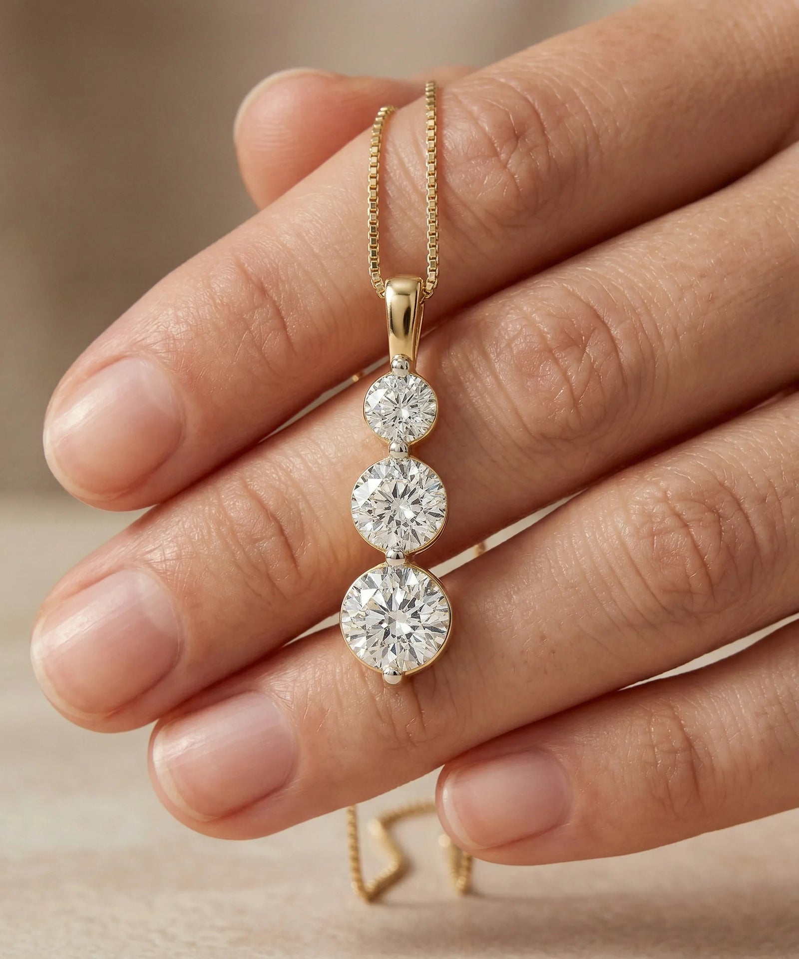 Gold necklace with three diamond pendants held between fingers against a neutral background