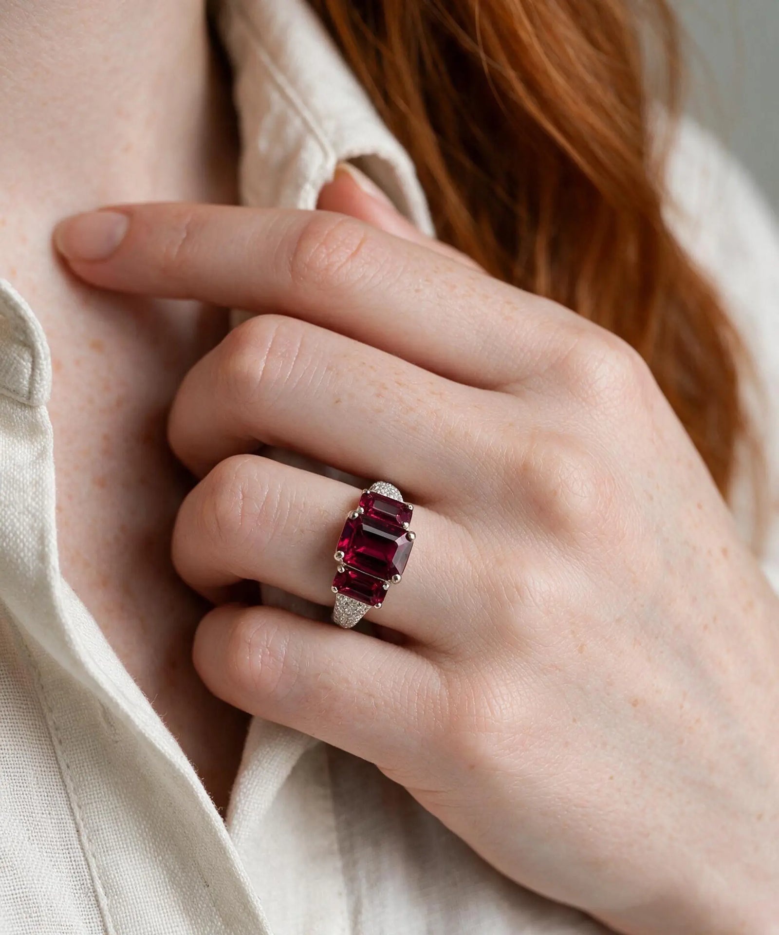 Aanika V. Ruby 3-Stone Diamond Pavé Ring - 2.80 Ct. T.W.