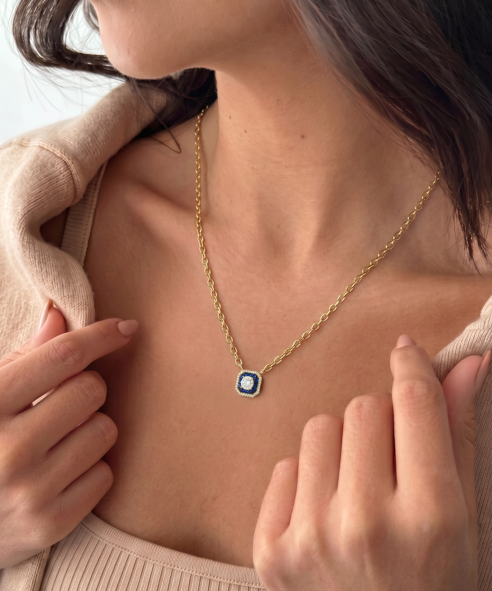 Aanika V. Sapphire & Diamond Round Halo Necklace