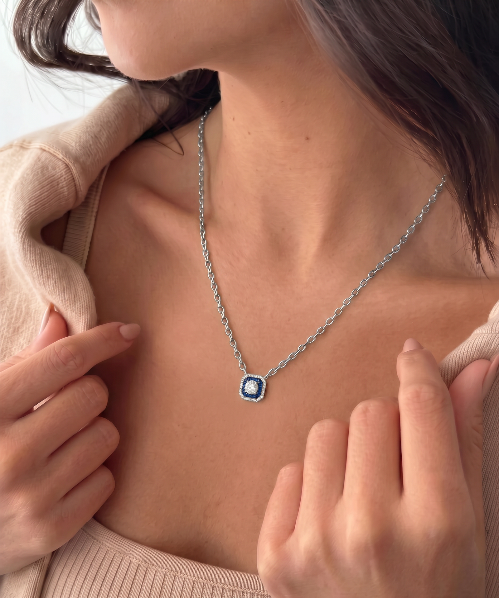 Aanika V. Sapphire & Diamond Round Halo Necklace