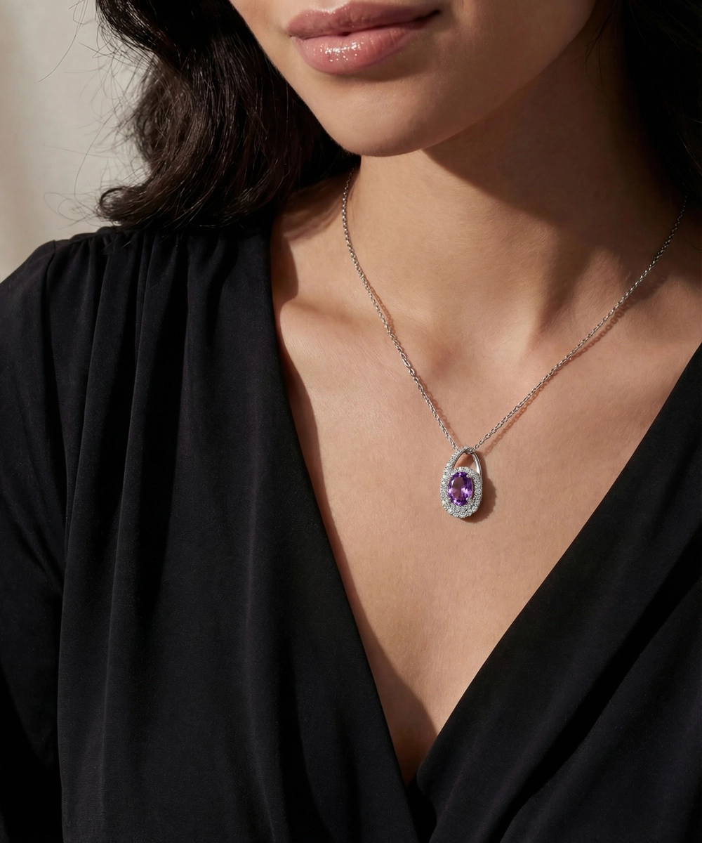 Close-up of a woman wearing a necklace with a pendant, focusing on the jewelry.