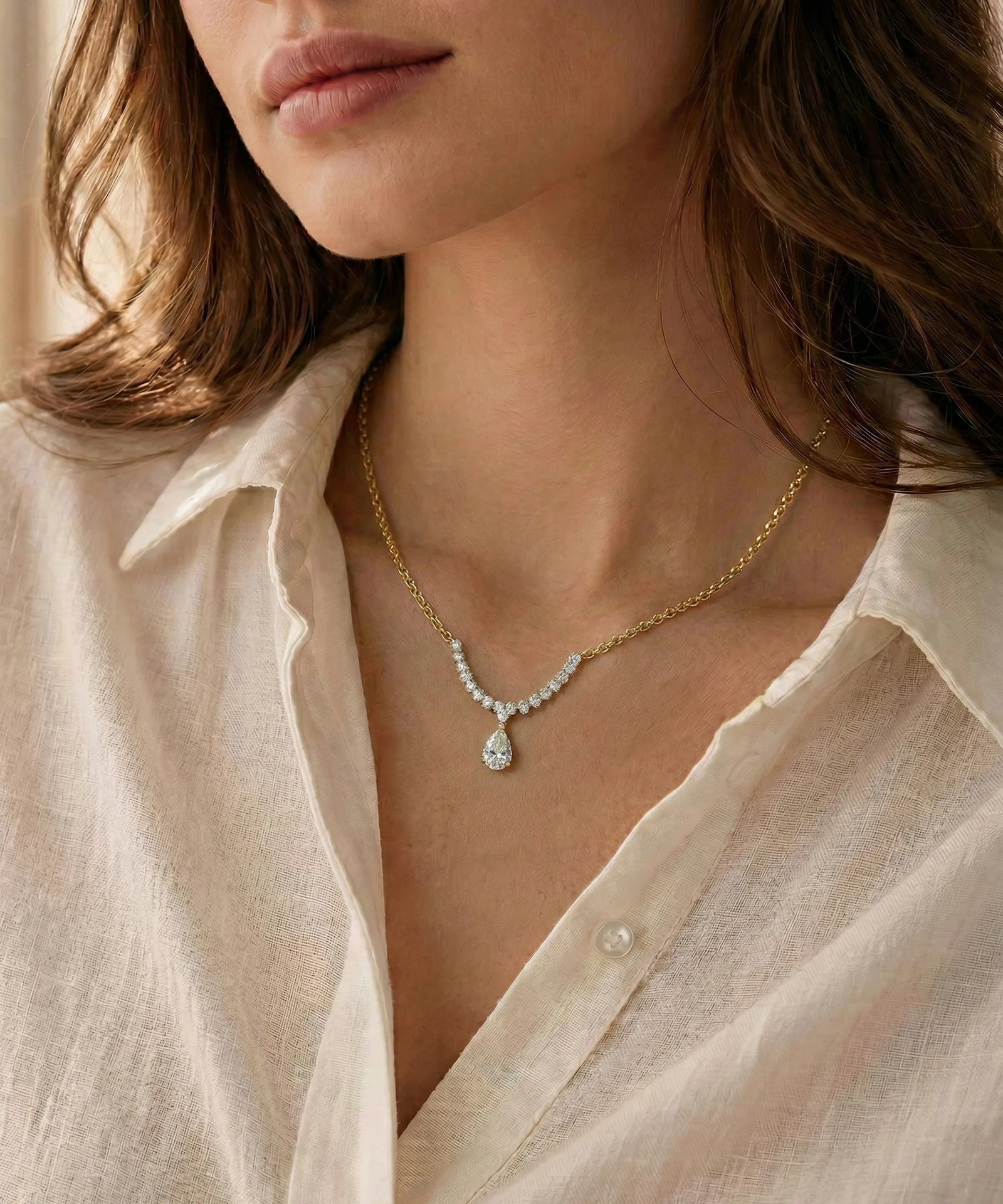 Close-up of a person wearing a gold necklace with a pendant, set against a neutral background.