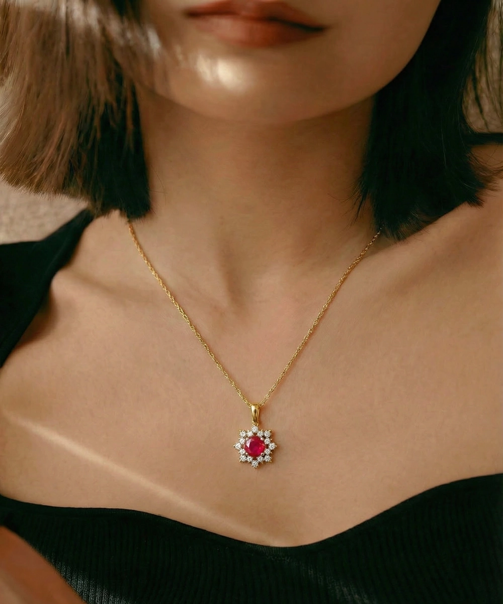 Close-up of a person wearing a gold necklace with a red gemstone pendant.