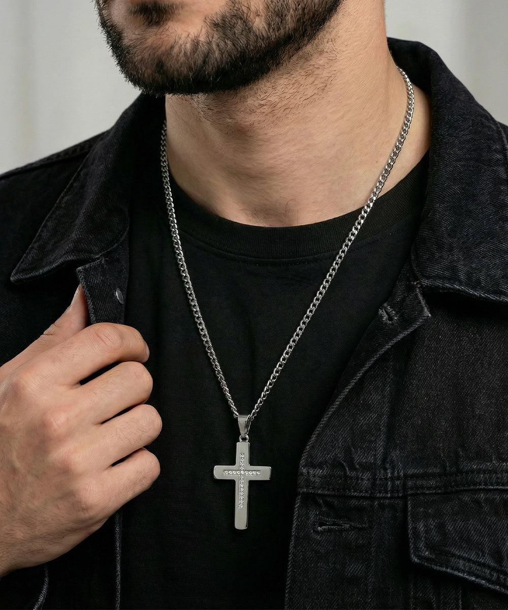 Close-up of Link N Lock® white cubic zirconia cross pendant