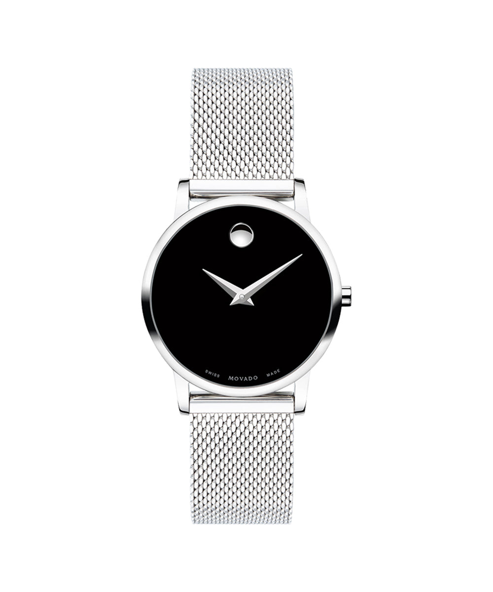 Watch with black face and silver mesh strap on a white background