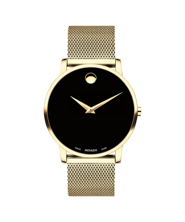 Gold watch with black face on a white background