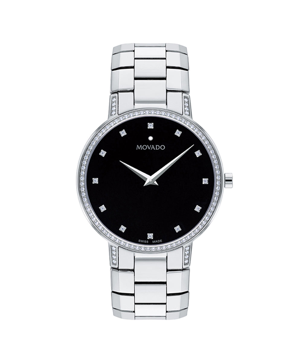 DOXA watch with black dial and silver mesh band on a white background