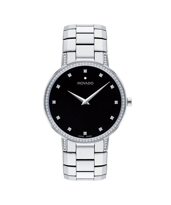 DOXA watch with black dial and silver mesh band on a white background