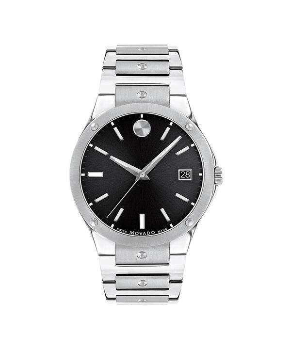 Silver watch with black dial on a white background