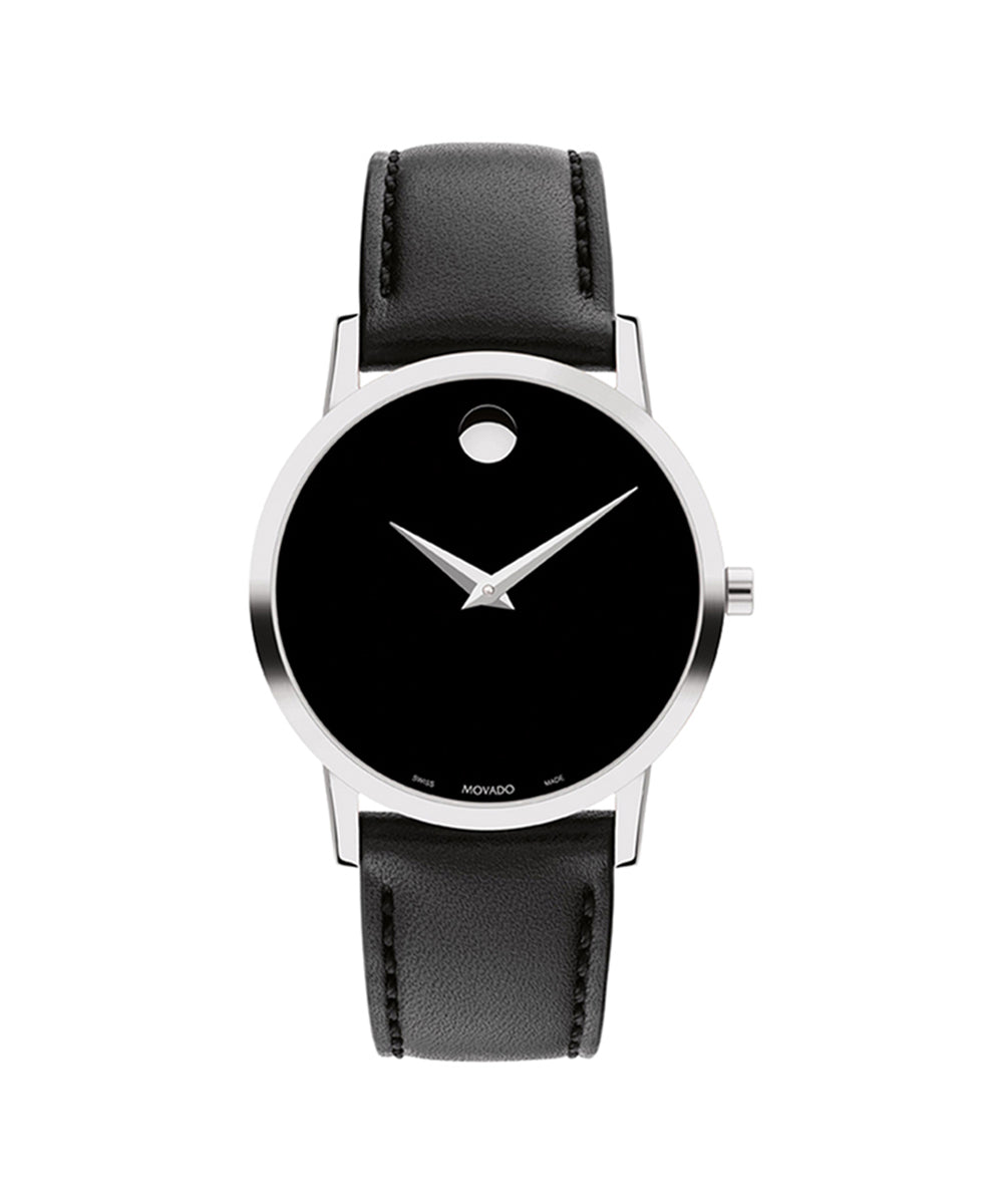 Black watch with a silver case and black leather strap on a white background
