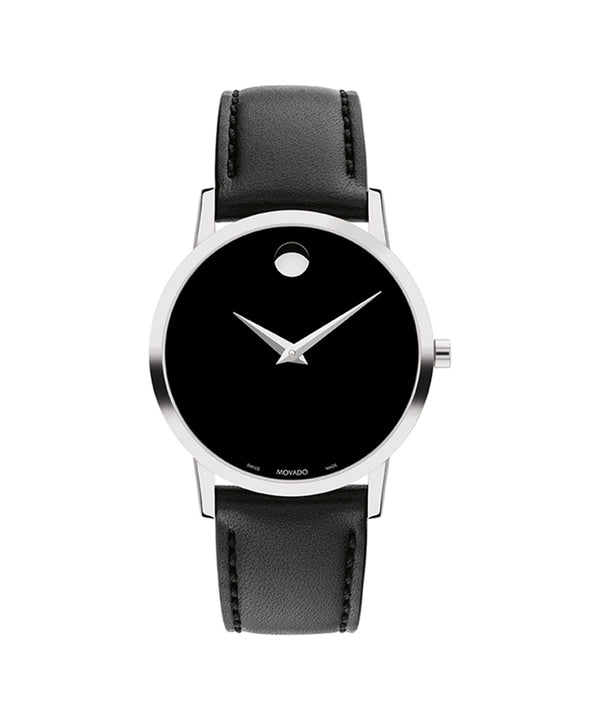 Black watch with a silver case and black leather strap on a white background