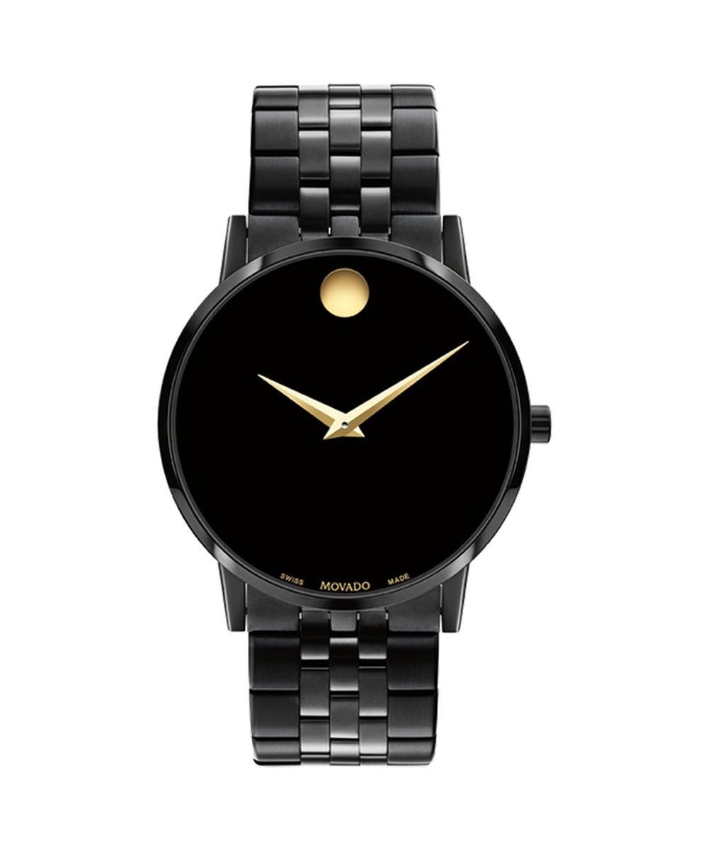 Black wristwatch with gold accents on a white background