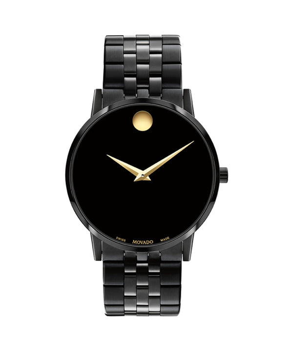 Black wristwatch with gold accents on a white background